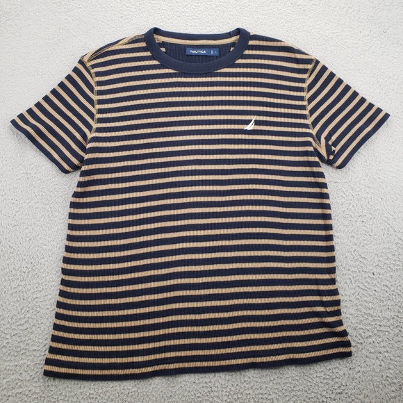 Nautica Shirt Mens Large Brown Heavy‎ Striped Crew Neck Short Sleeve Logo Hiking - Picture 1 of 13